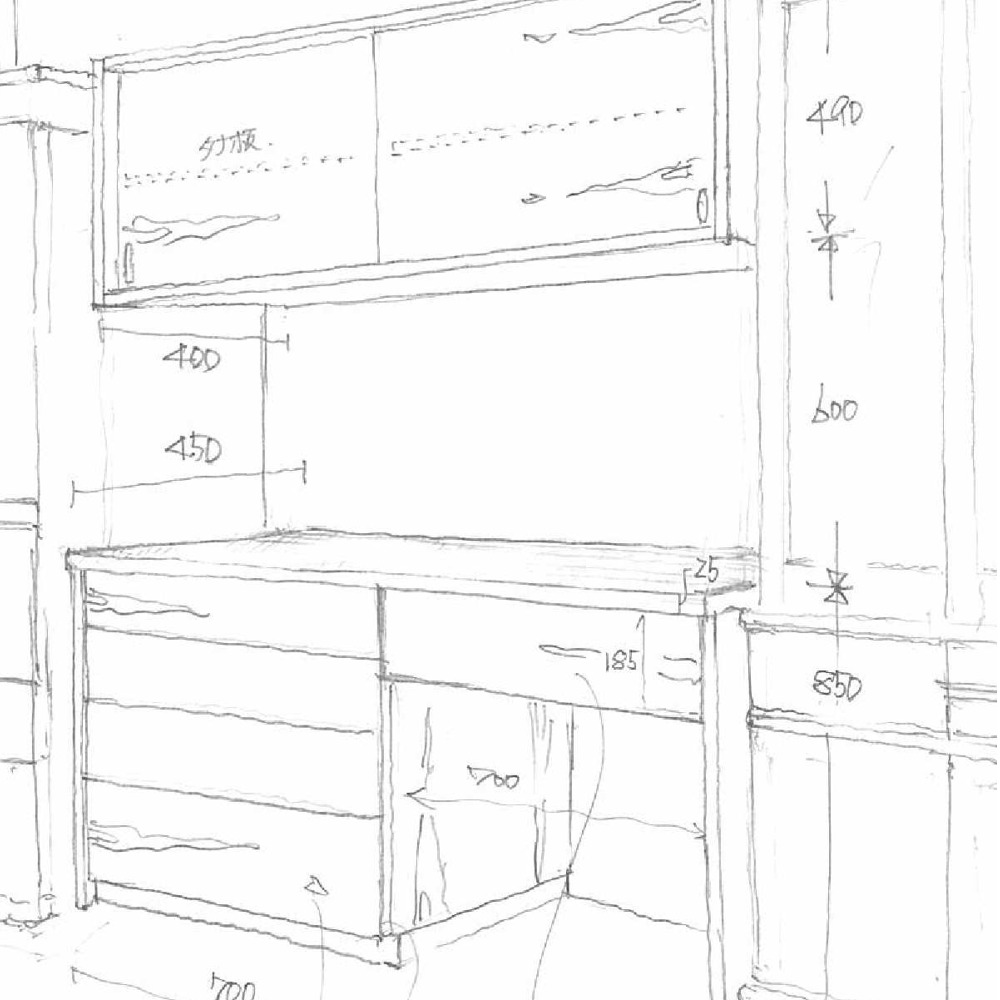 アメリカンチェリーの引き戸のあるセパレートタイプの食器棚のスケッチ